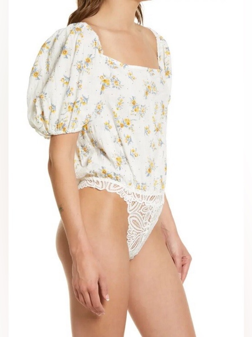 Intimately Free People Angela Floral Print Puff Sleeve Square Neck Bodysuit
